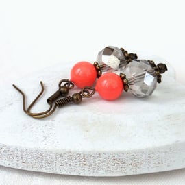 Living coral & crystal vintage style earrings