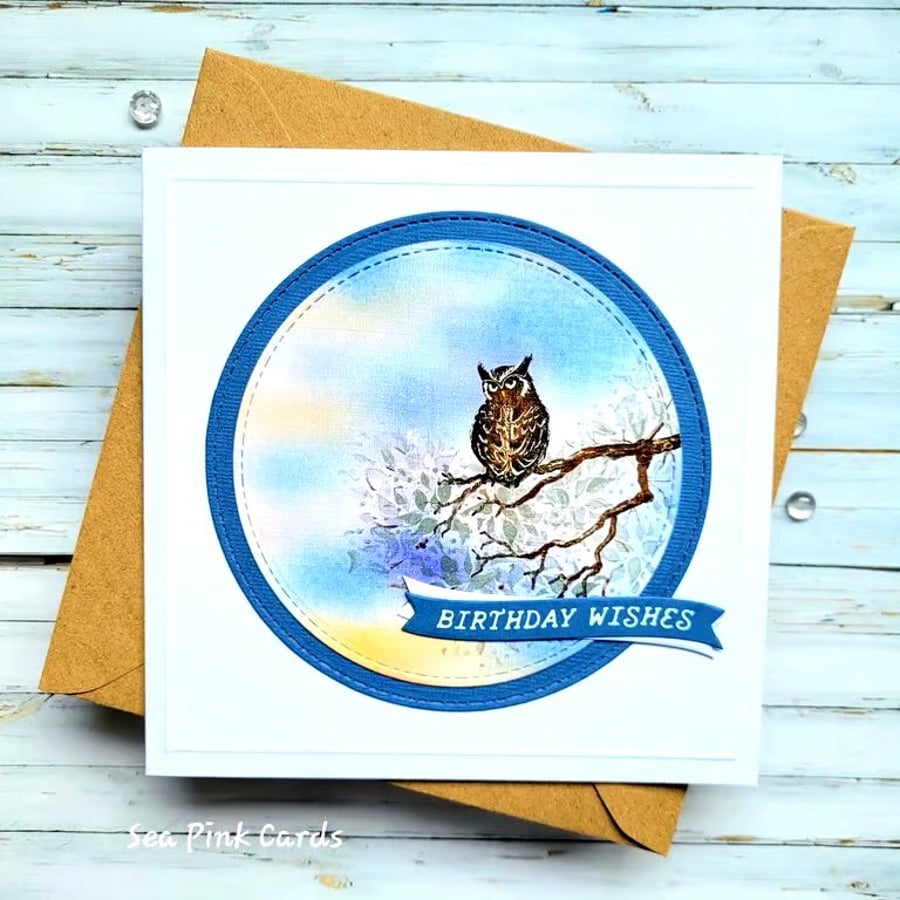 Owl Birthday Card - handcrafted, sunset, birthday wishes