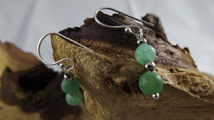 silver plated green dragon vein agate dangle earrings with shepherds hooks 