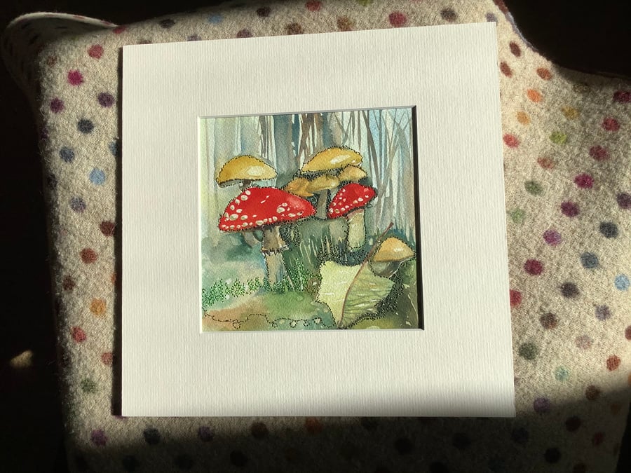 Original handmade watercolour of toadstools with embroidery 