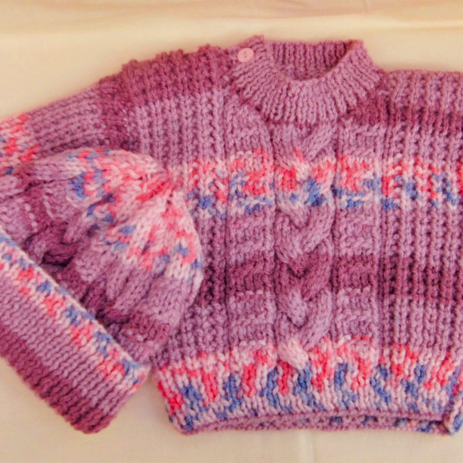 Baby's Cabled Jumper and Hat Set, Baby Shower Gift, Knitted Baby Clothes