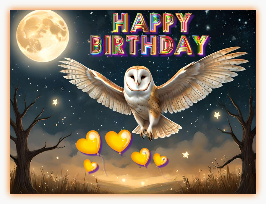 Barn Owl Flying Birthday Card A5