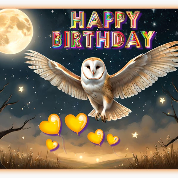 Barn Owl Flying Birthday Card A5