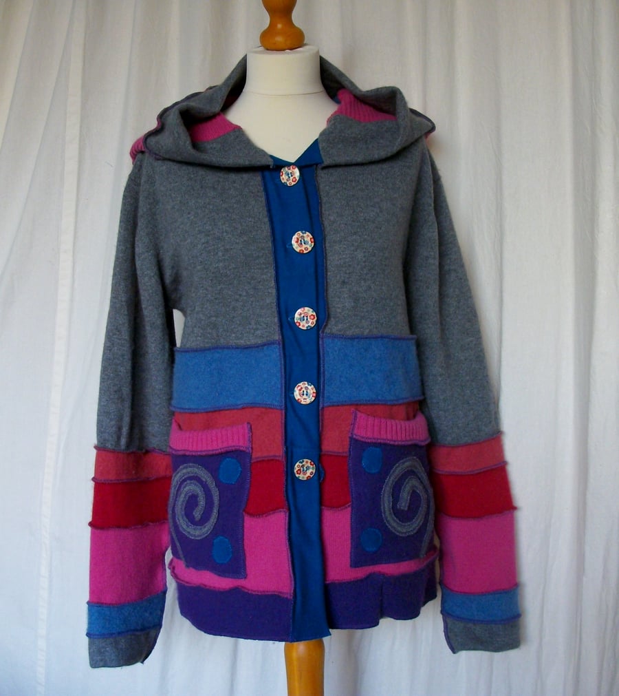 Cashmere Upcycled Sweater Wool Hoodie with Buttons Hood and Patch Pockets