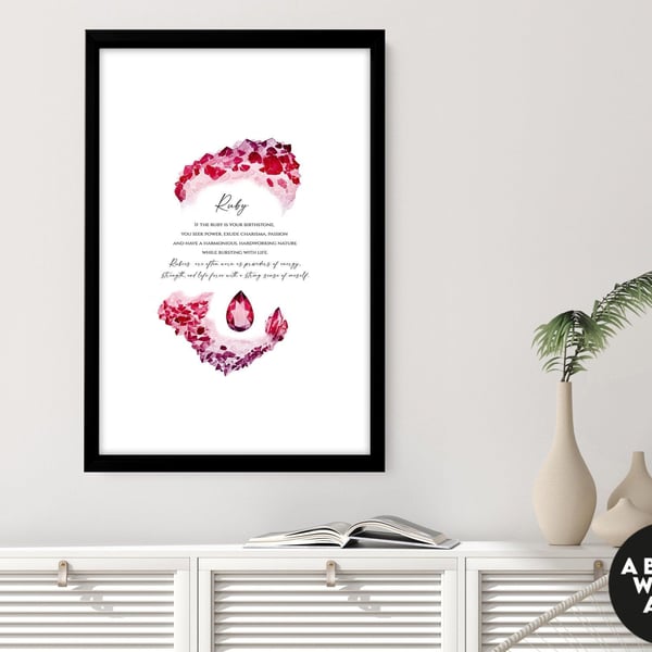 Ruby Birthstone crystals Art Print, July Birthday Gift for sister, Ruby stone gi