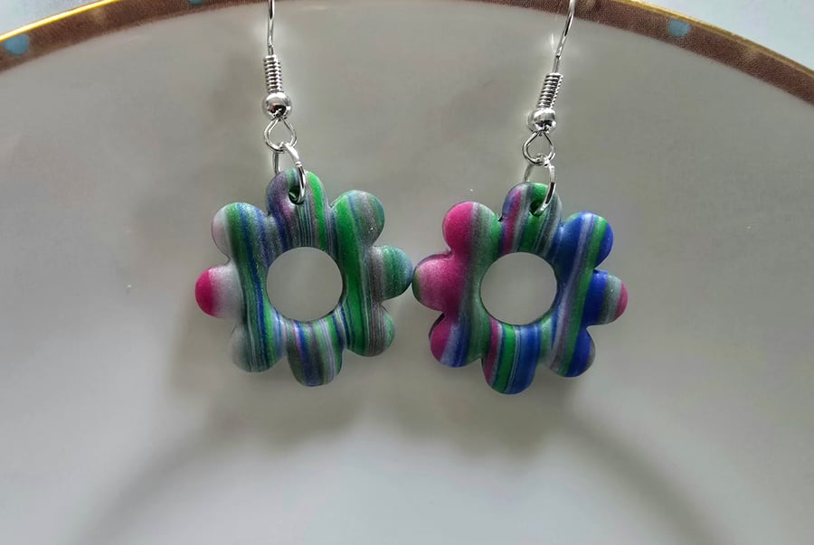 Polymer clay flower dangle earrings on silver plated earhooks