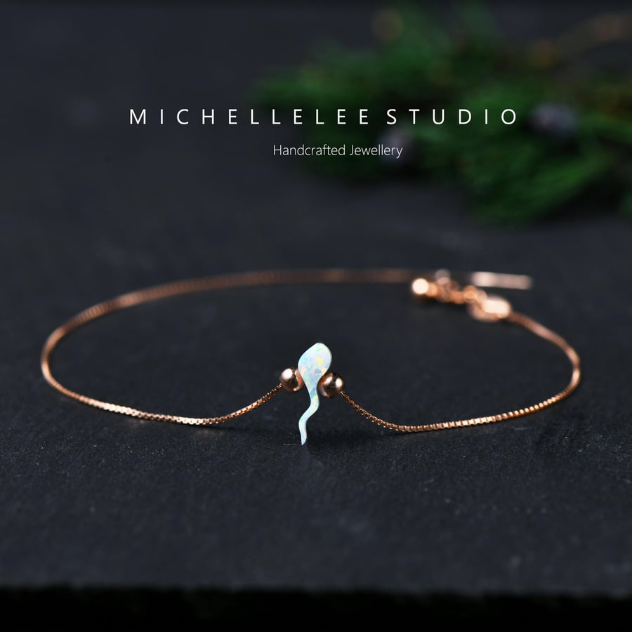 Tiny Opal Tadpole Bracelet With 925 Sterling Silver Chain