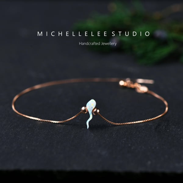 Tiny Opal Tadpole Bracelet With 925 Sterling Silver Chain