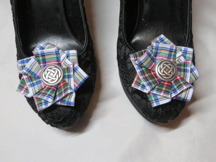 White Dress Stewart Handmade  Scottish Tartan Plaid Shoe Clips 