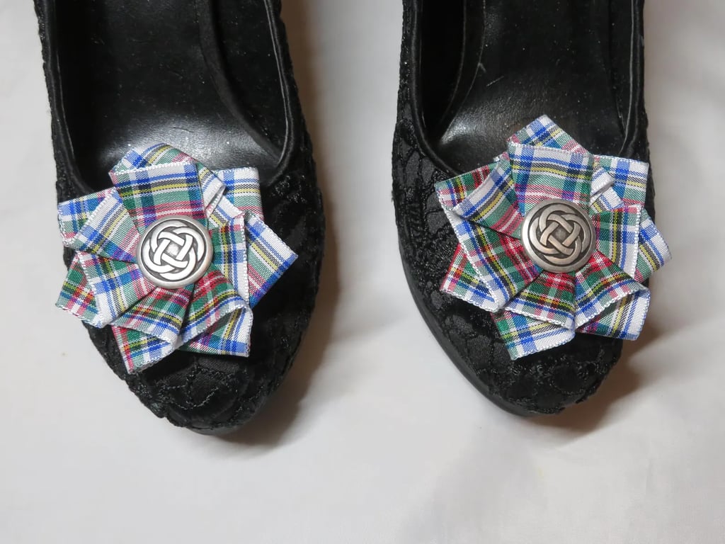 White Dress Stewart Handmade  Scottish Tartan Plaid Shoe Clips 
