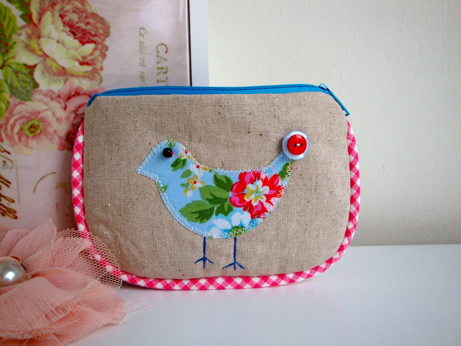 Linen zipper purse - appliqued bird. - Folksy