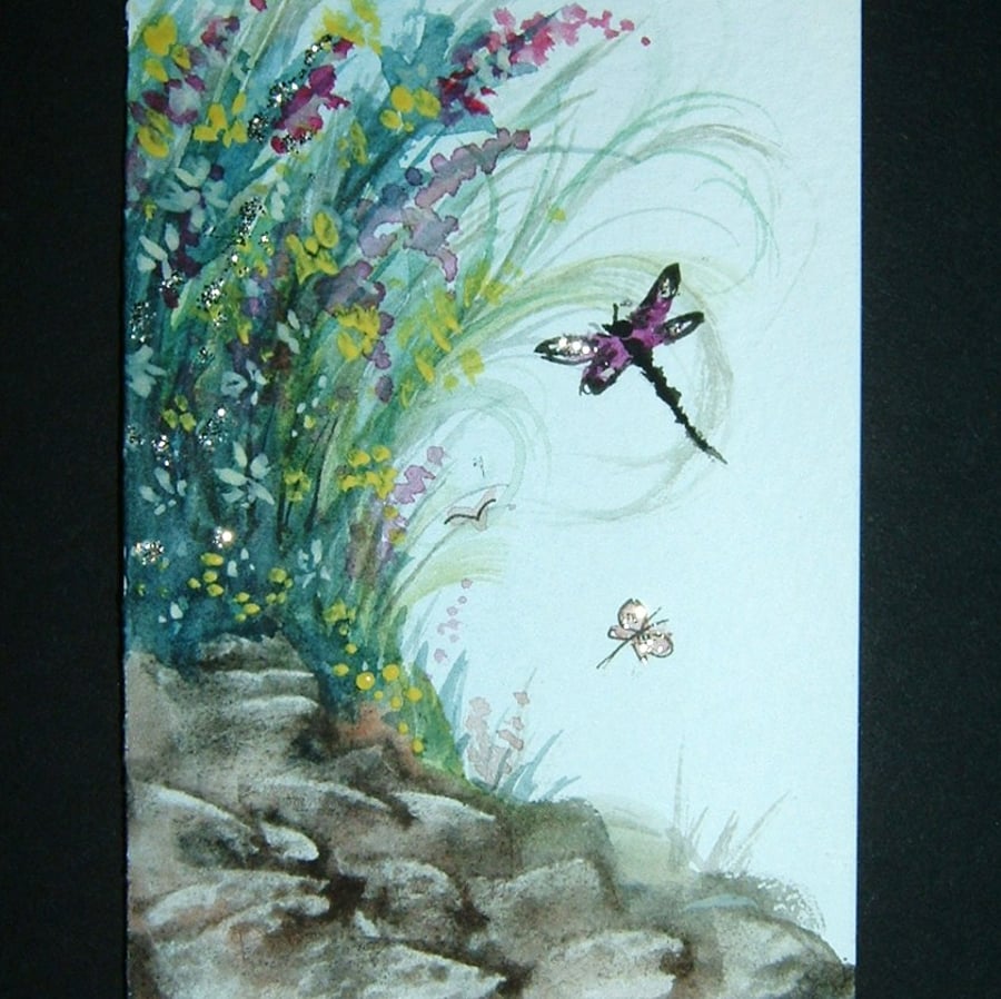 dragonfly butterfly glitter fantasy art painting floral garden ref 168