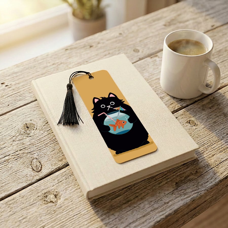 Black Cat Bookmark with Tassel, Fish Bowl Cat Design, Illustrated Bookmark