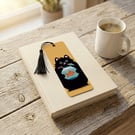 Black Cat Bookmark with Tassel, Fish Bowl Cat Design, Illustrated Bookmark