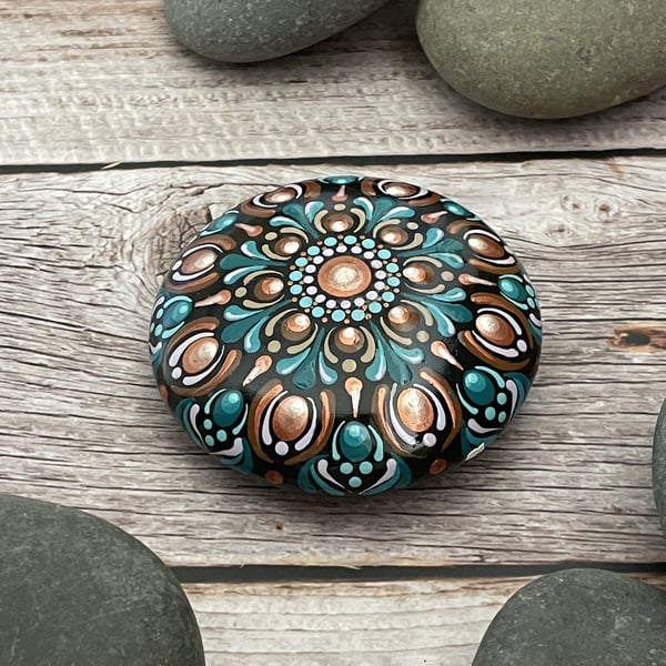 Blue Copper Mandala Painted Rock Art Stone Acrylic Art Painting Hand Painted 