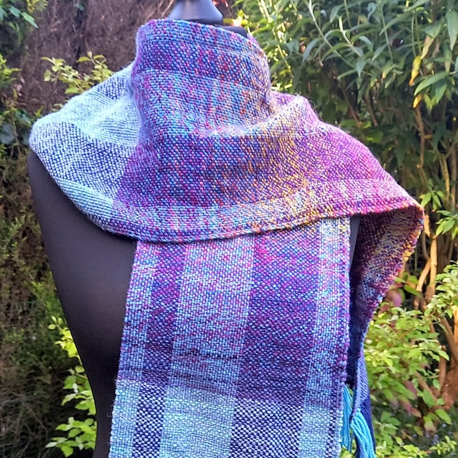 Handwoven Wool & Silk Scarf in Blues, Purple and Gold