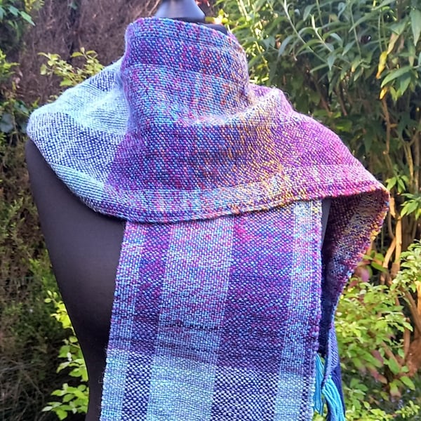 Handwoven Wool & Silk Scarf in Blues, Purple and Gold