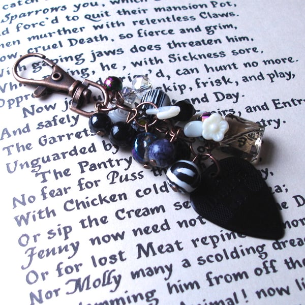 Rock Chick Bag Charm with Black and White Bead Cluster