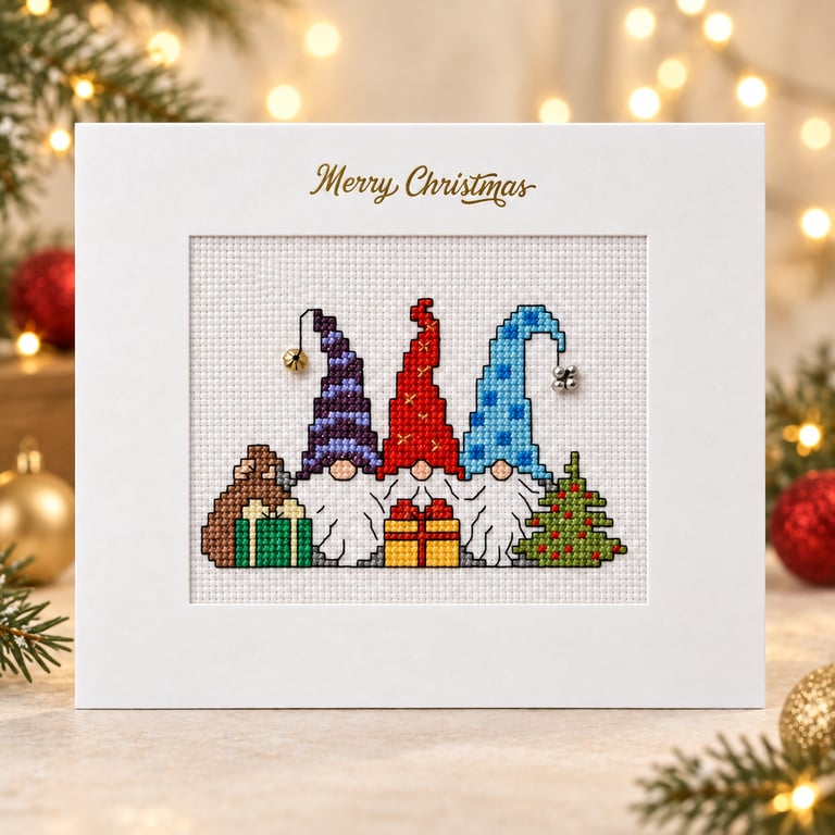 Handmade Cross-Stitch Christmas Card – Three Festive Gonks
