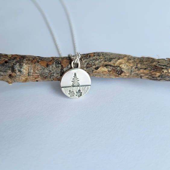 Sterling Silver Circle Pendant with Tree in Meadow Field Scene