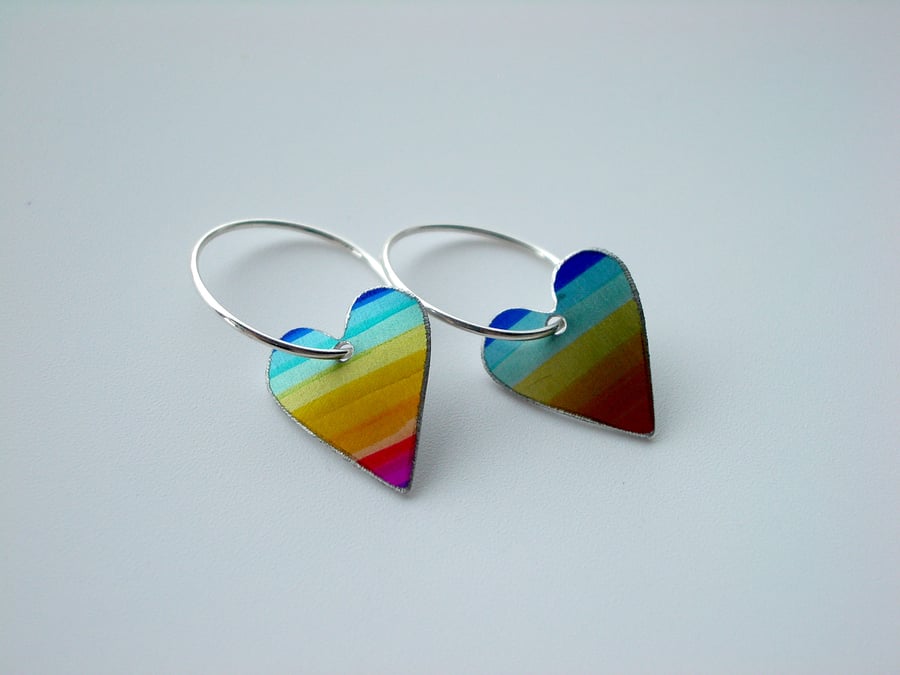 Heart hoop earrings in rainbow stripes