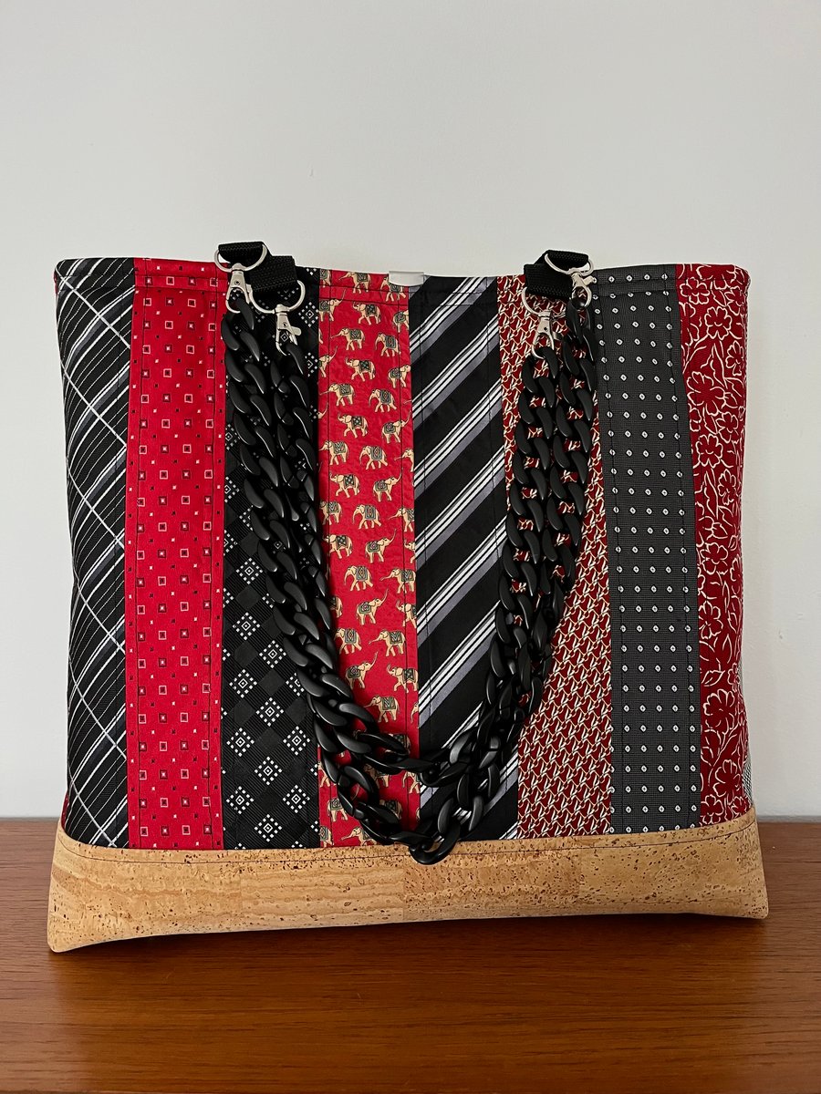 Striking large, black, red and natural tones tote bag