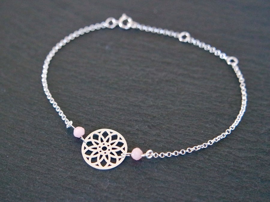 925 Sterling Silver Mandala Bracelet - Pink Opal