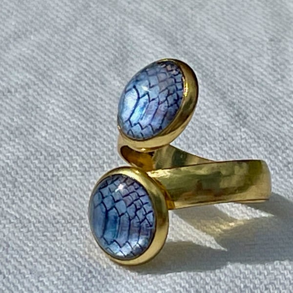 blue SNAKESKIN PRINT RING disco gold 10 mm adjustable 