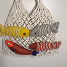White summer woven beach bag shopper with playful fish details