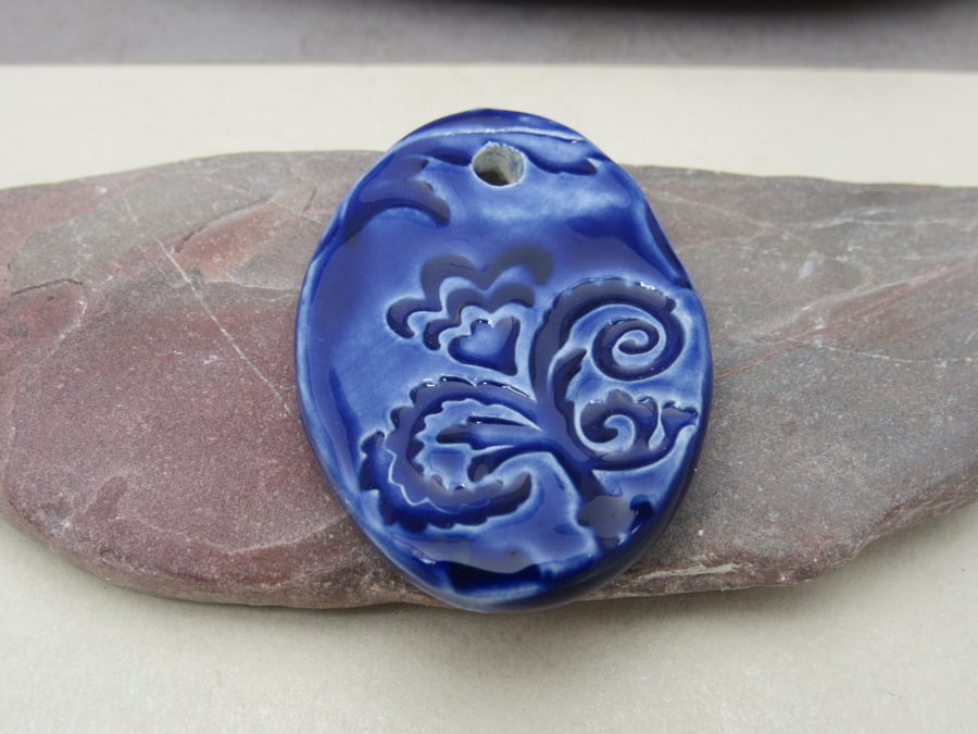 Large Cobalt Blue Brocade Ceramic Pendant
