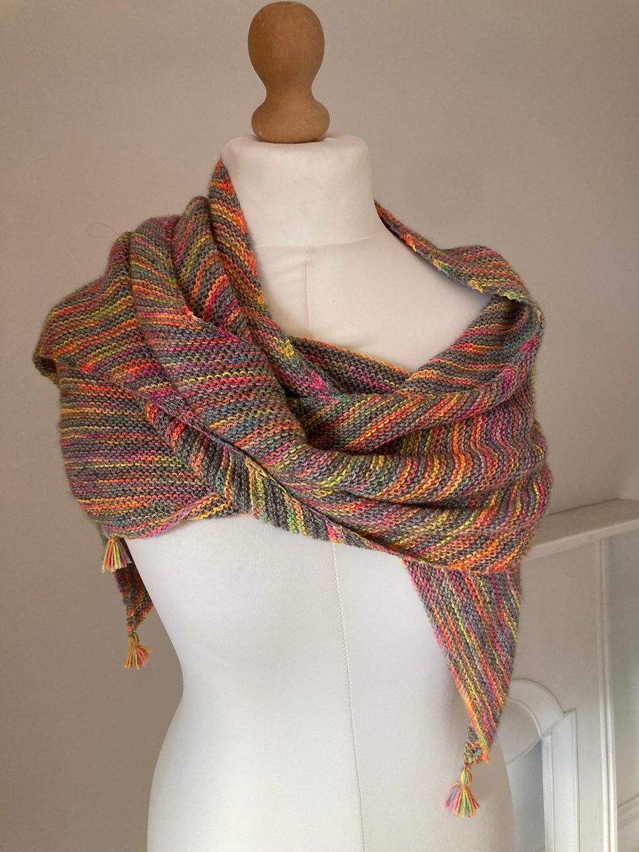 Hand knit luxury wrap - neon rainbow and grey stripes