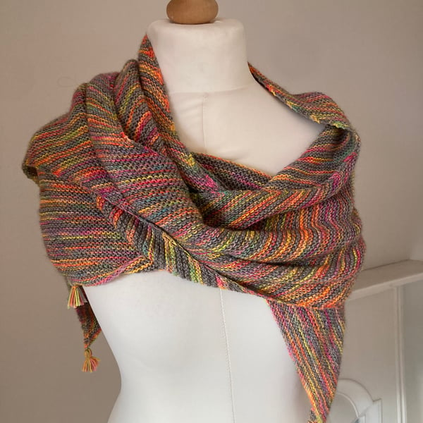 Hand knit luxury wrap - neon rainbow and grey stripes