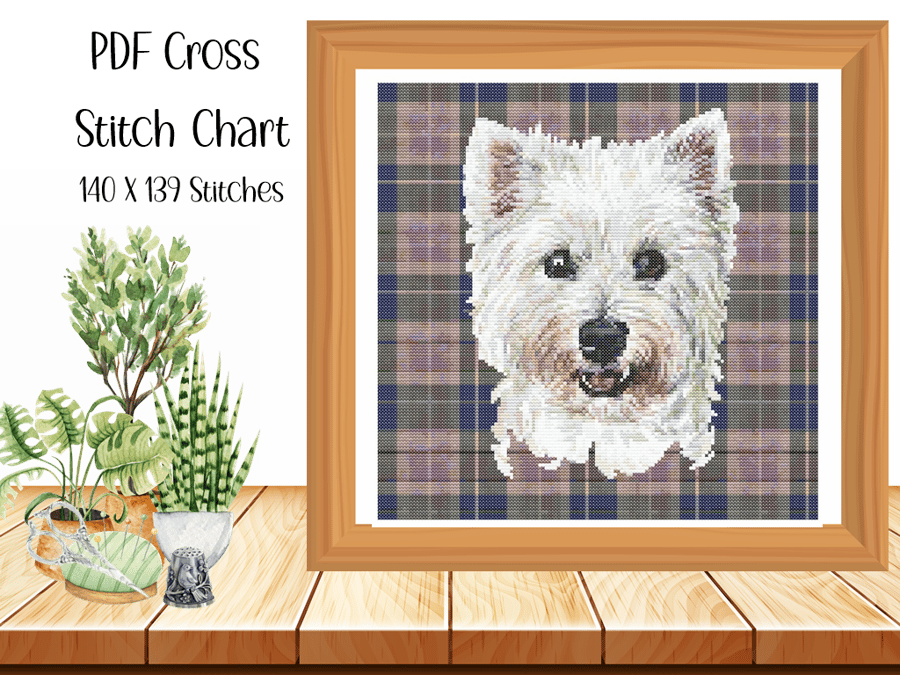Cross Stitch CHART for West Highland Terrier on Tartan Background - PDF Download