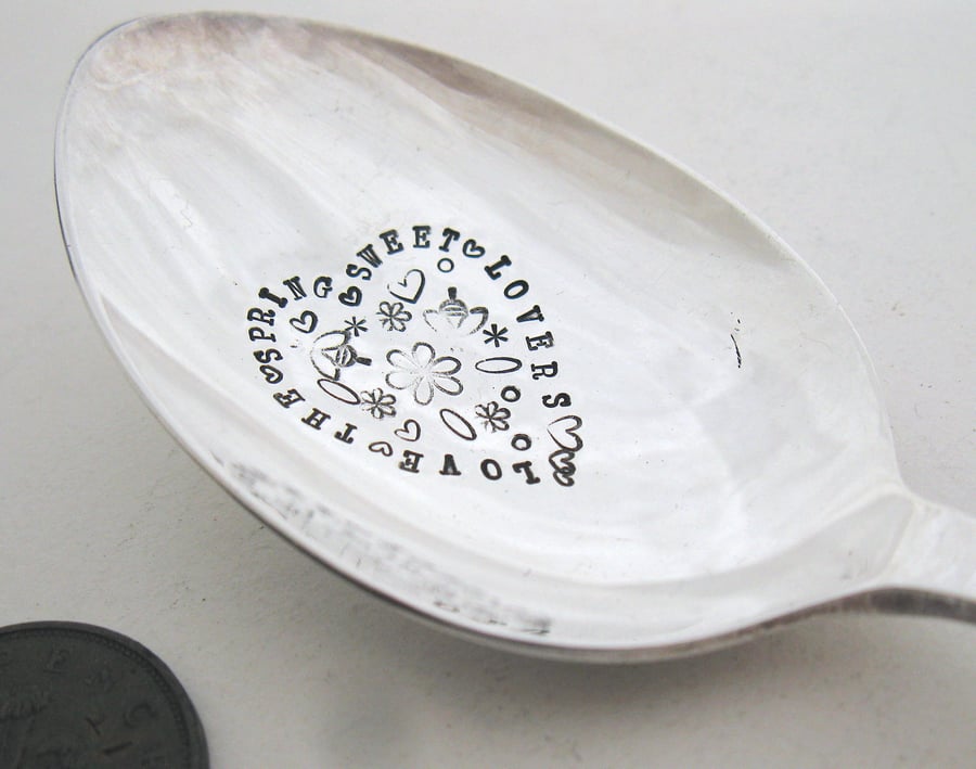 Sweet Lovers Love The Spring, Shakespeare Quote Hand Stamped on Vintage Spoon