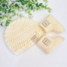 Hello World Crochet Baby Hat & Booties Set - Cream Newborn Gift