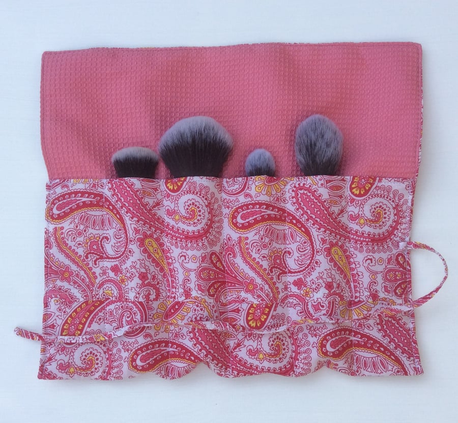Beautiful bundle, Make-up Brush Storage Roll and drawstring bag, pink paisley 