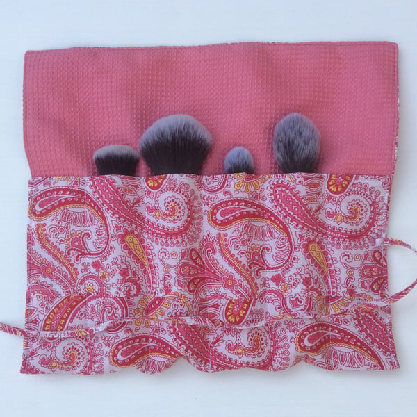 Beautiful bundle, Make-up Brush Storage Roll and drawstring bag, pink paisley 