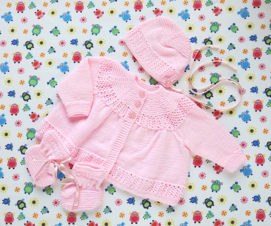 Alice : Vintage Style Baby Matinee Set. Baby Pink.