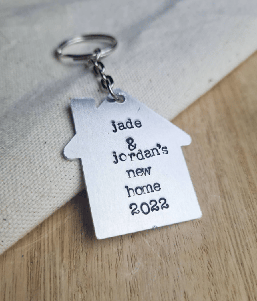 Couples Personalised New Home Name and Date Metal Stamped Keyring