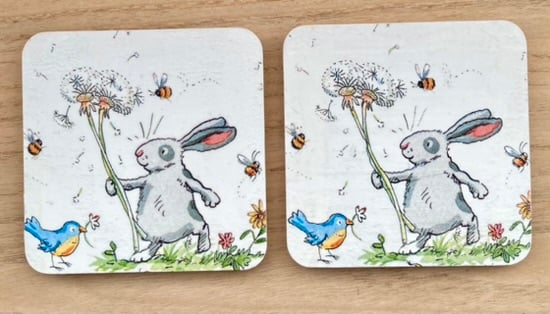 Cute Rabbit & Bird With Dandelion Clock Coasters One Pair Decoupage Coaster Set