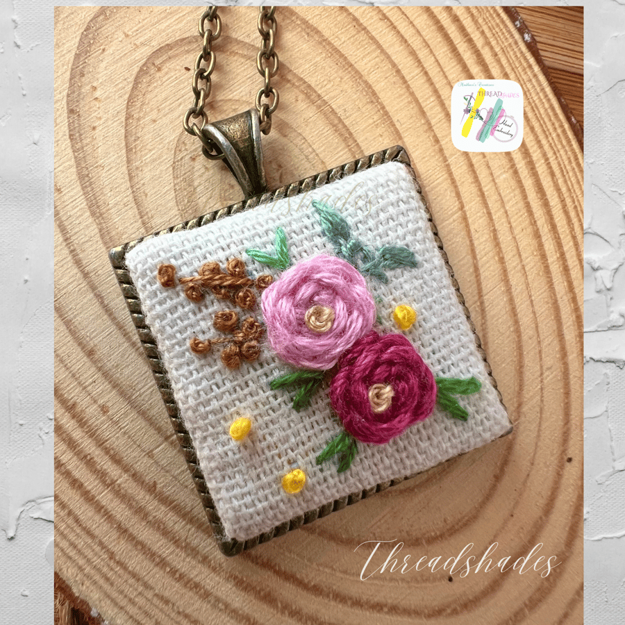 Hand embroidered pendant, embroidery jewellery, Handmade Pendant, antique bronze