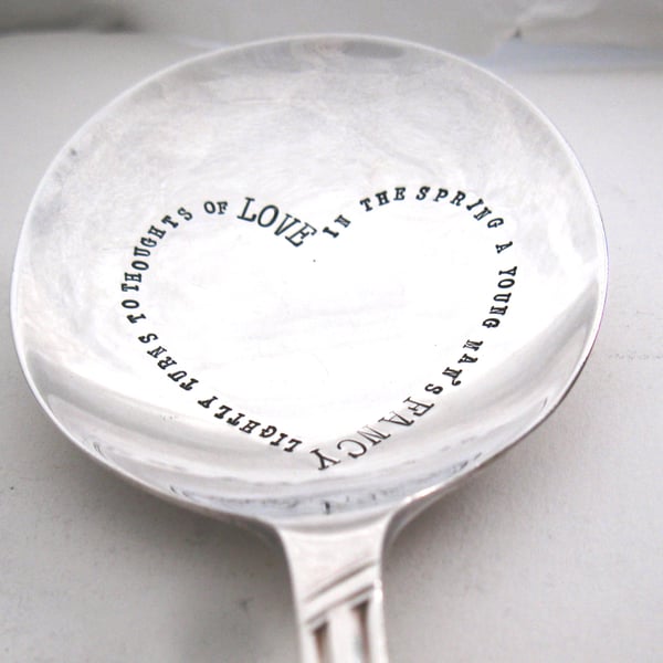 Handstamped Heart Spoon, In the Spring a Young Man's Fancy