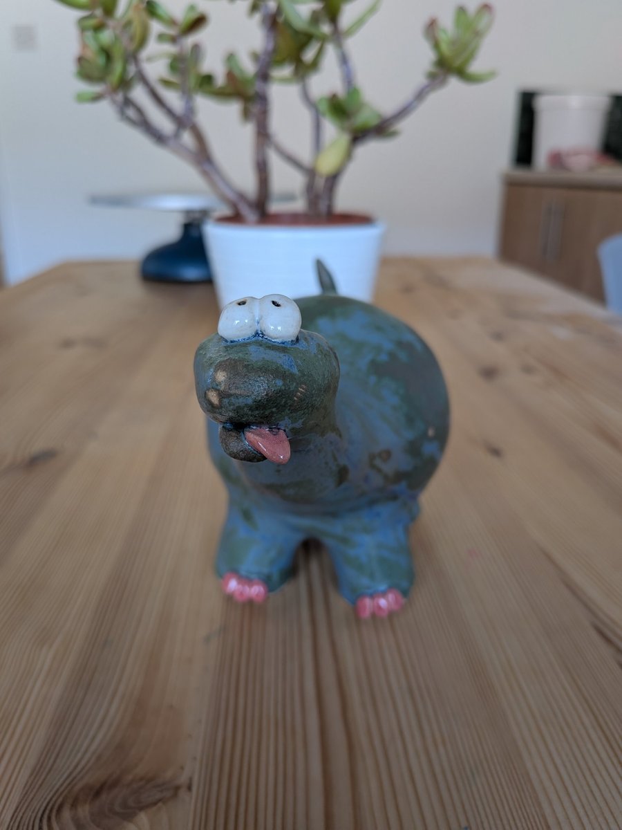 Blue dinosaur, ceramic diplodocus, sculpture 