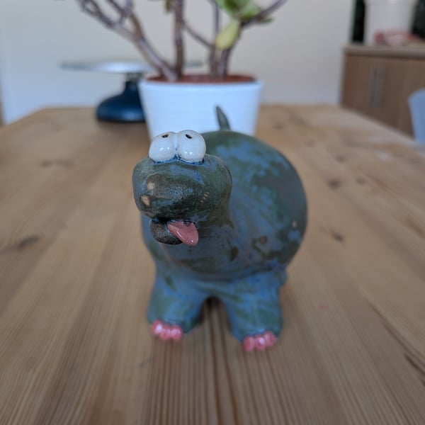 Blue dinosaur, ceramic diplodocus, sculpture 