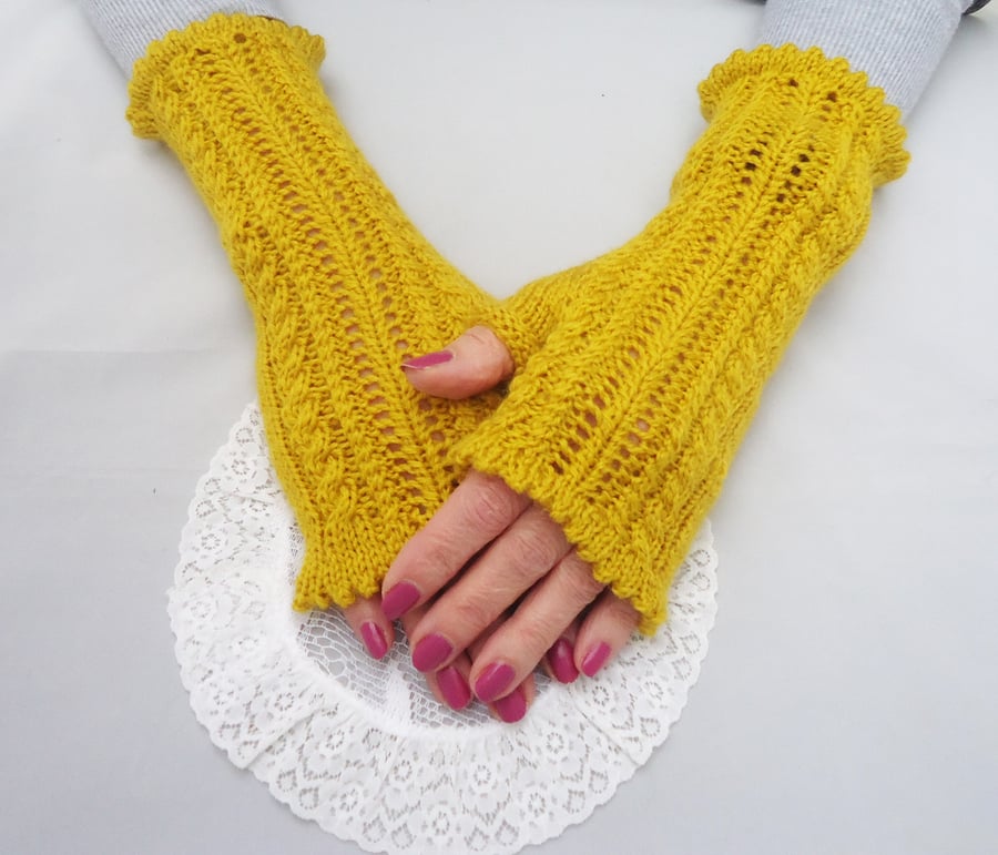 Fingerless Mittens in Yellow, Flirty and Feminine Mittens, Lace Mittens