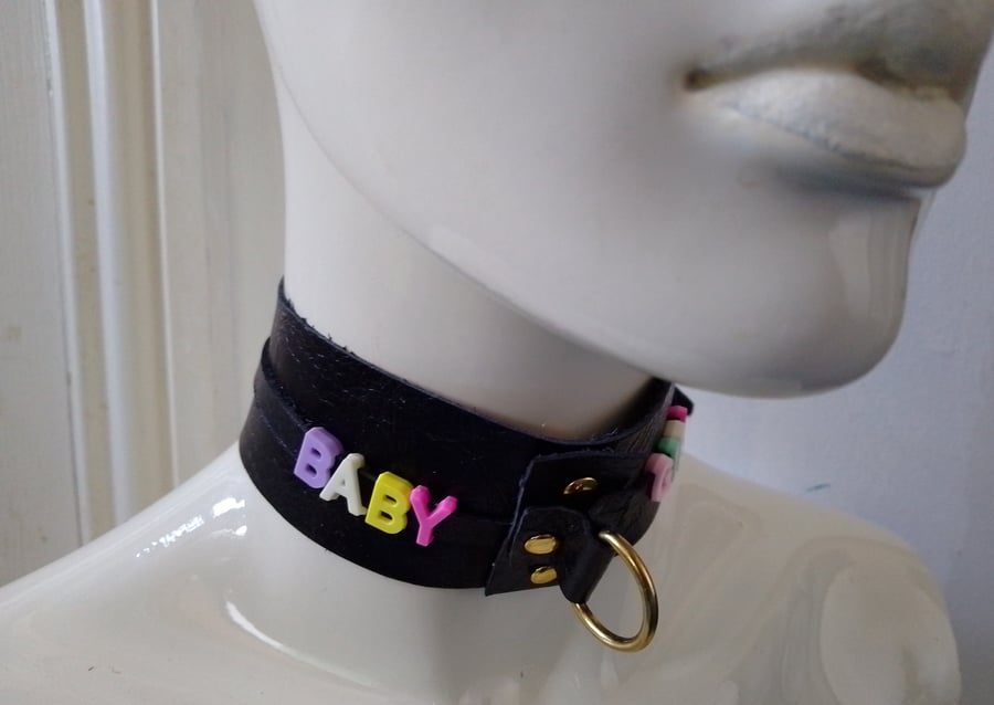 Black leather choker collar style necklace brass metal d ring rude gothic emo