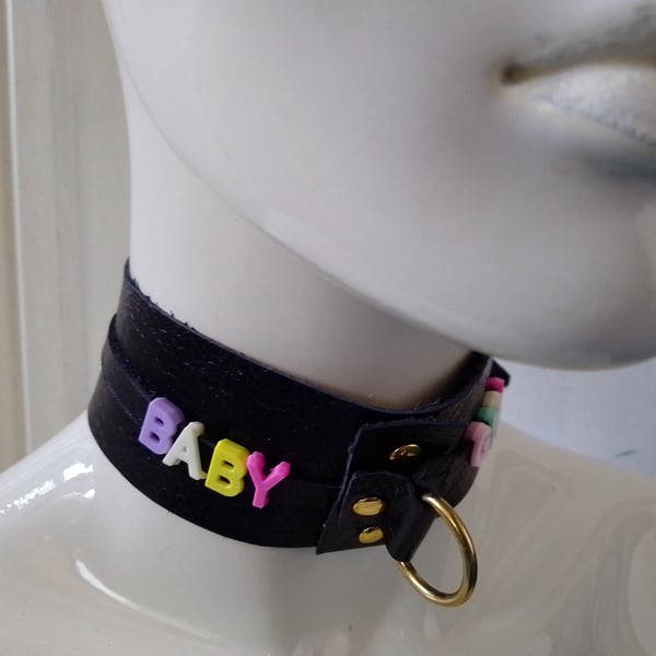 Black leather choker collar style necklace brass metal d ring rude gothic emo