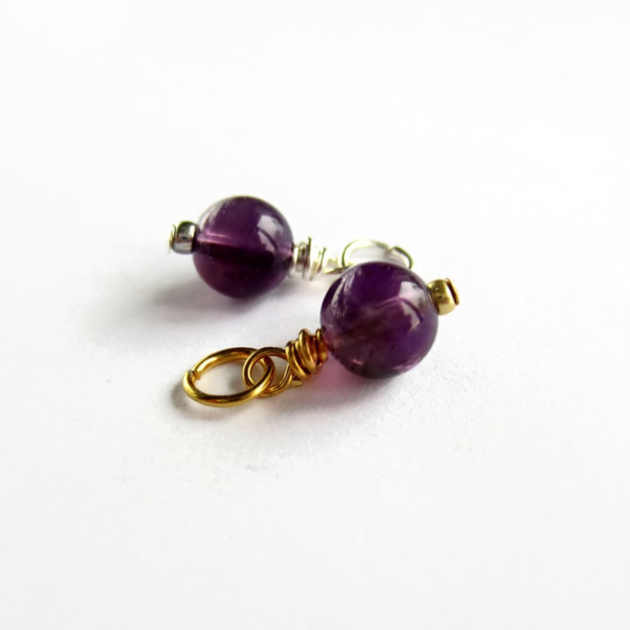 Genuine Amethyst Gemstone Wire Wrapped Charm - February Birthstone - 6mm
