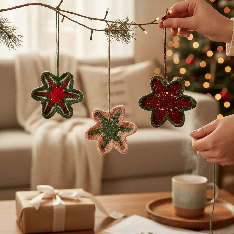Christmas Star Flower decorations - set of 3 - hand knitted