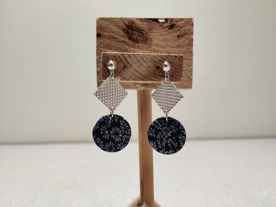 Floral navy polymer clay silver dangle 